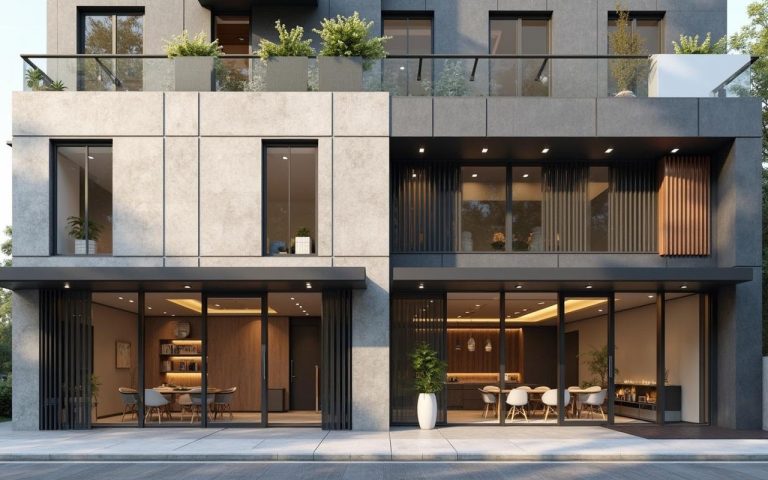 Façade moderne en Terrasto dans un cadre urbain, illustrant durabilité et esthétique.