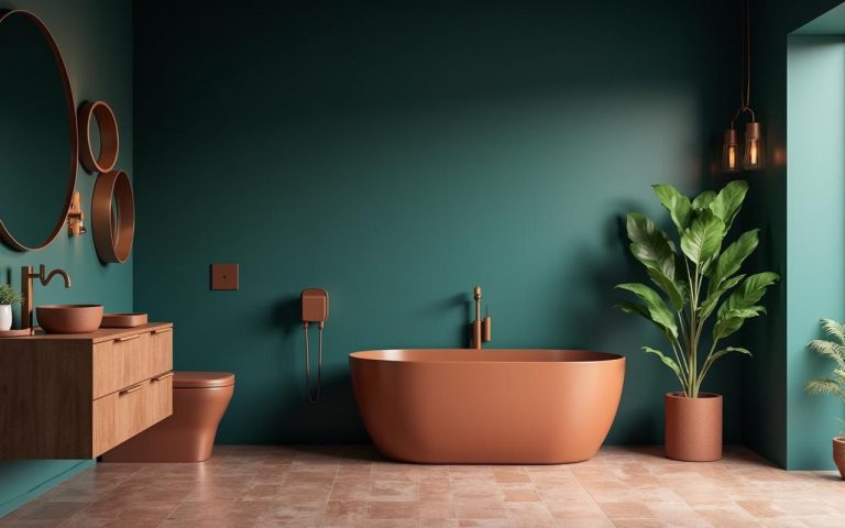 Salle de bain moderne avec bleu marine, terracotta et vert émeraude.