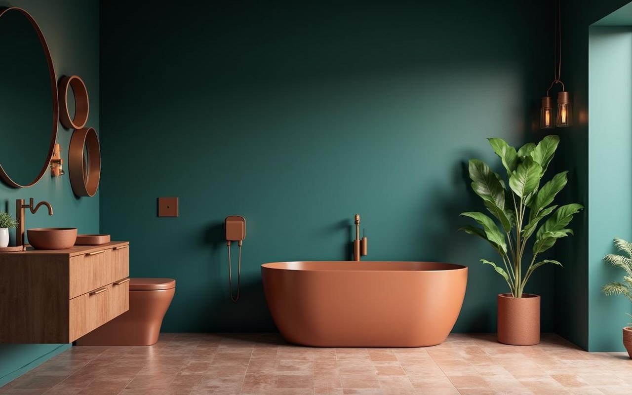 Salle de bain moderne avec bleu marine, terracotta et vert émeraude.