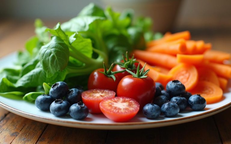 Assiette colorée de légumes et fruits bénéfiques pour la santé rénale.