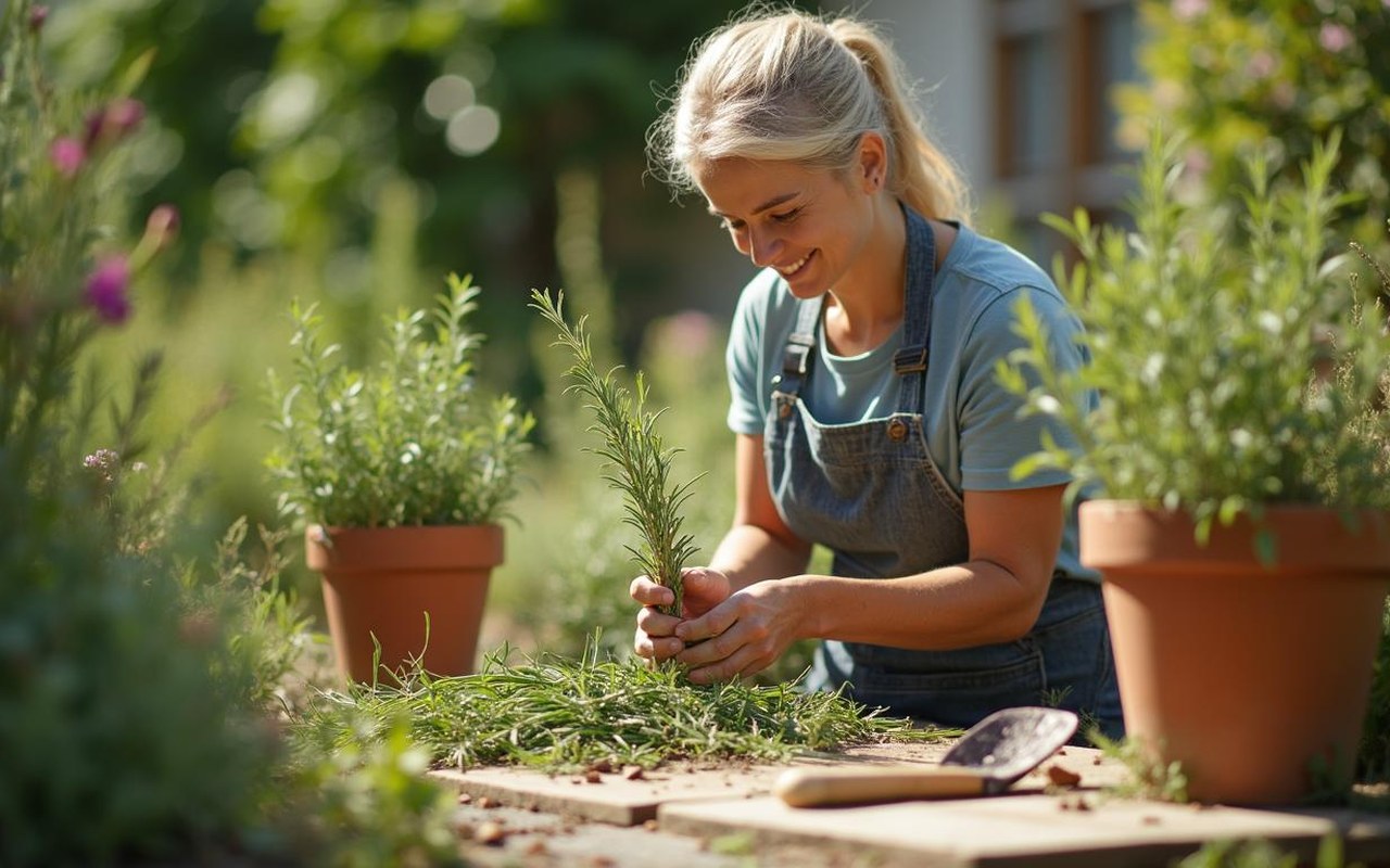 Un jardinier prélève des boutures de romarin dans un jardin ensoleillé.