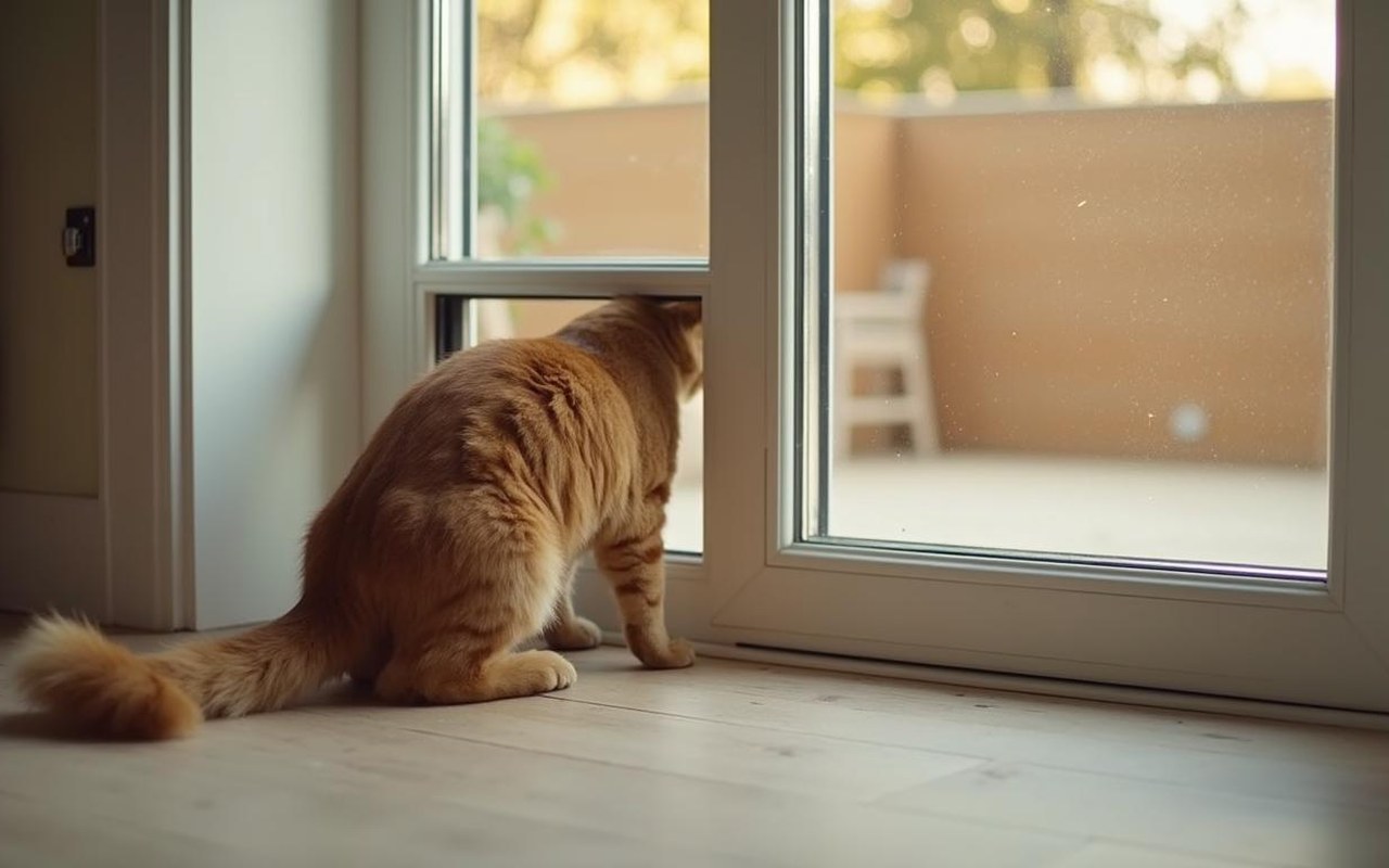 Un chat utilisant une chatière intégrée dans une baie vitrée avec panneaux amovibles.