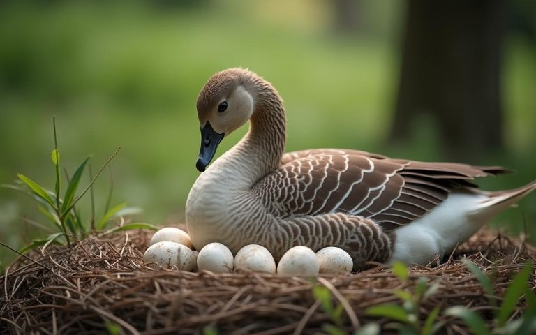 Une oie couve ses œufs dans un nid naturel, illustrant le processus de couvaison.