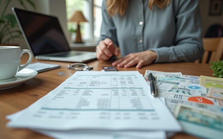 Personne examinant son budget avec des factures et des courses sur la table.