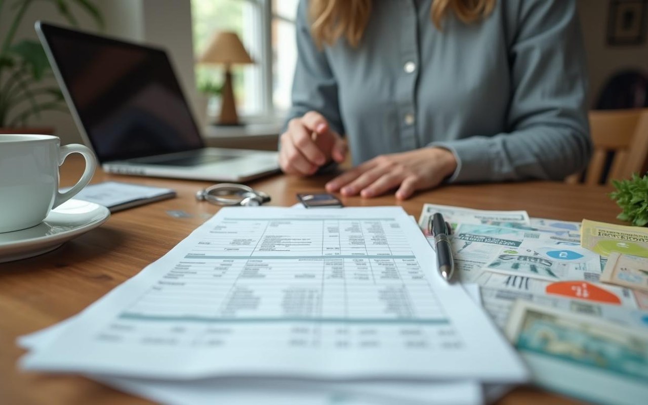 Personne examinant son budget avec des factures et des courses sur la table.