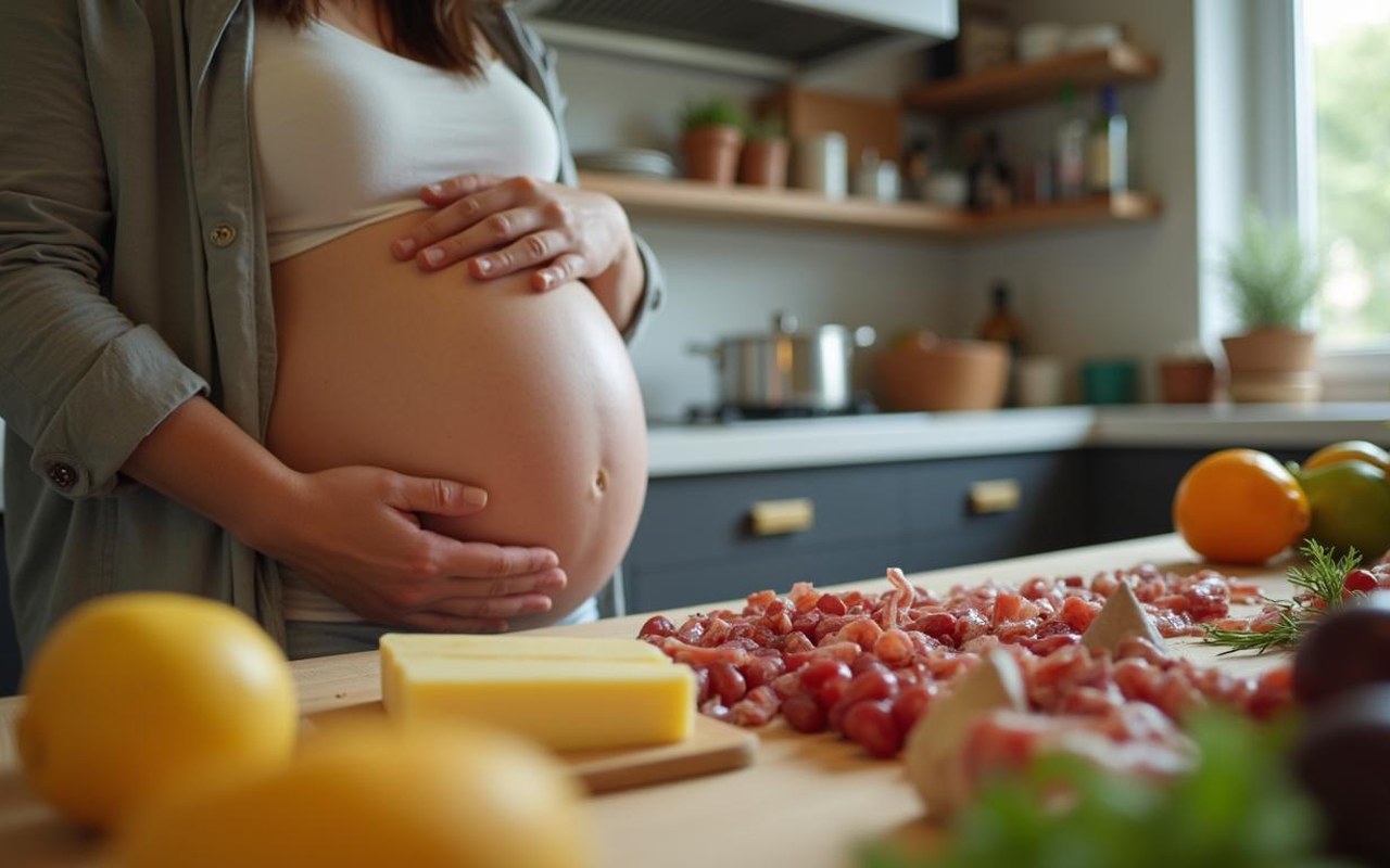 Femme enceinte vérifiant des étiquettes alimentaires dans une cuisine moderne.