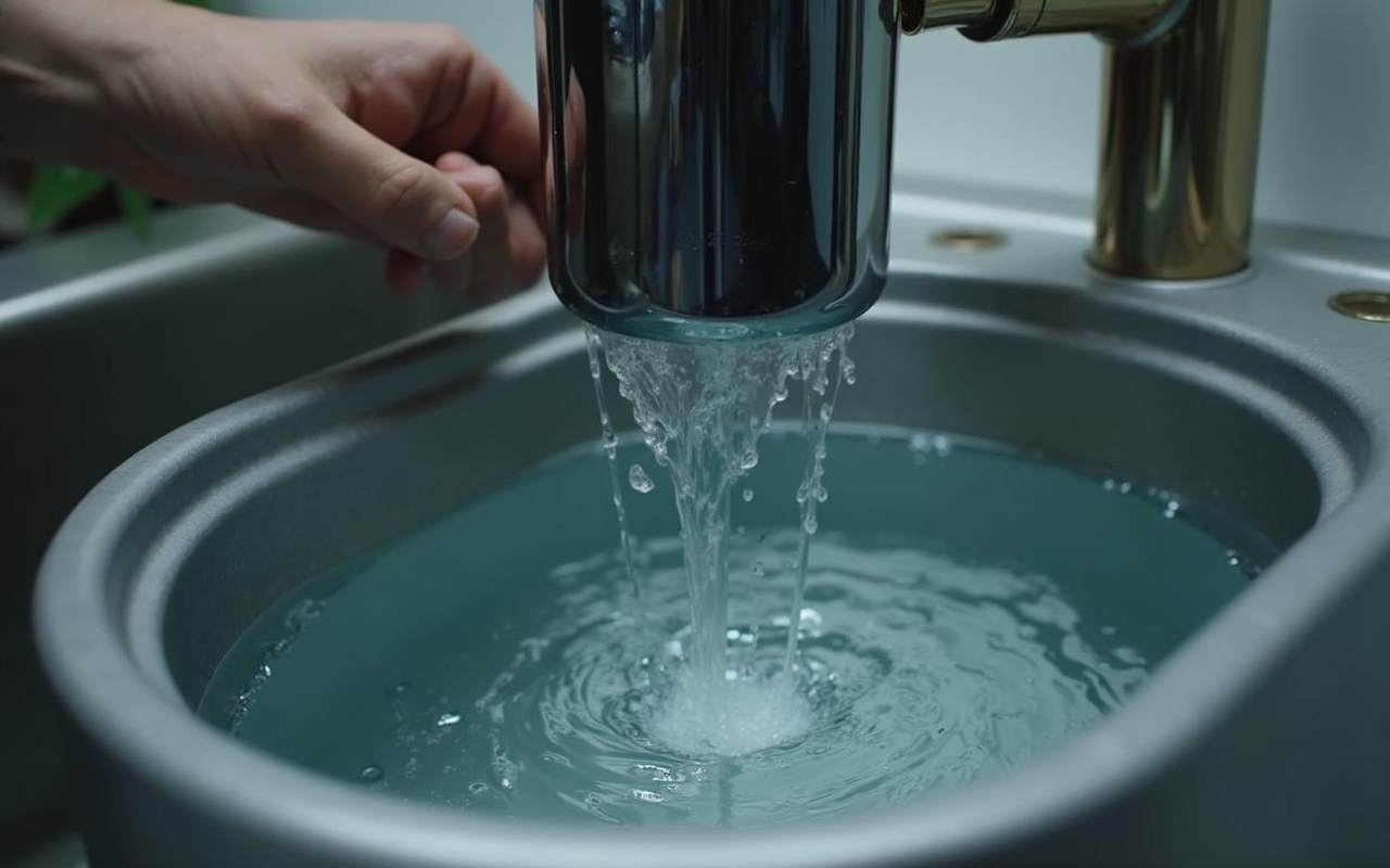 Filtre Berkey avec eau stagnante, illustrant les risques de contamination.