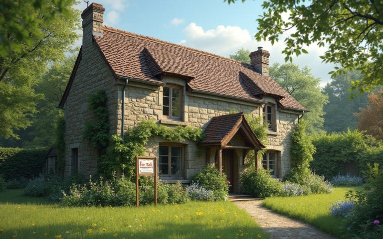 Maison en pierre typique de Normandie à rénover, à vendre, entourée de verdure.