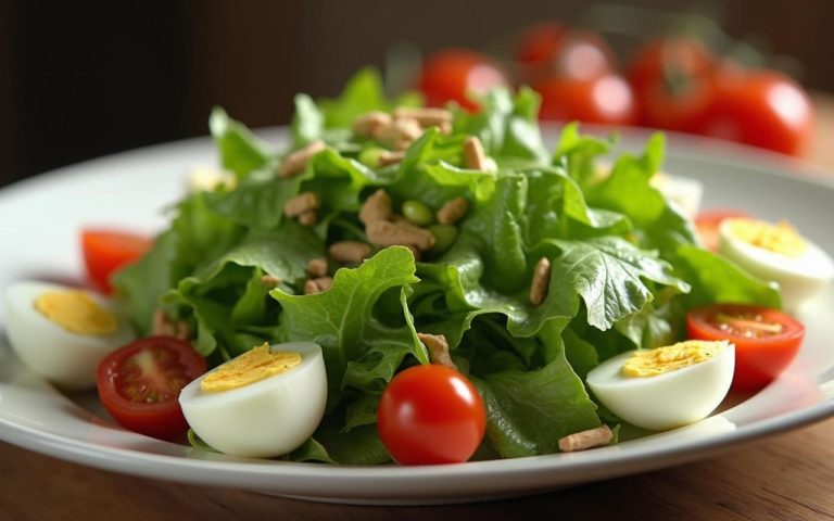 Salade de mâche fraîche avec œufs à la coque sur une table de dîner.