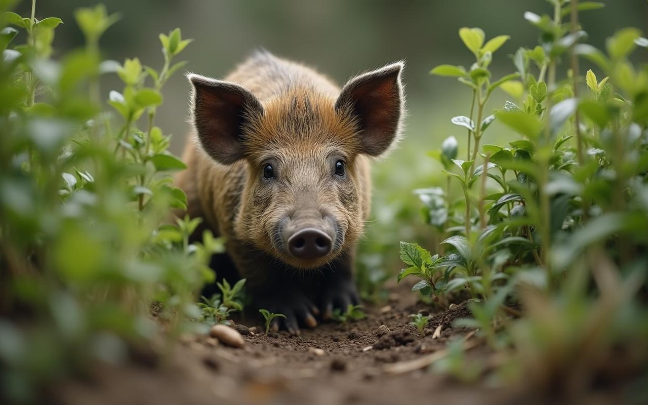 Marcassin caché dans un jardin, représentant la faune sauvage en harmonie avec l'environnement.