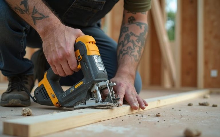 Un bricoleur utilise un outil Erbauer sur un chantier de rénovation, illustrant sa robustesse.