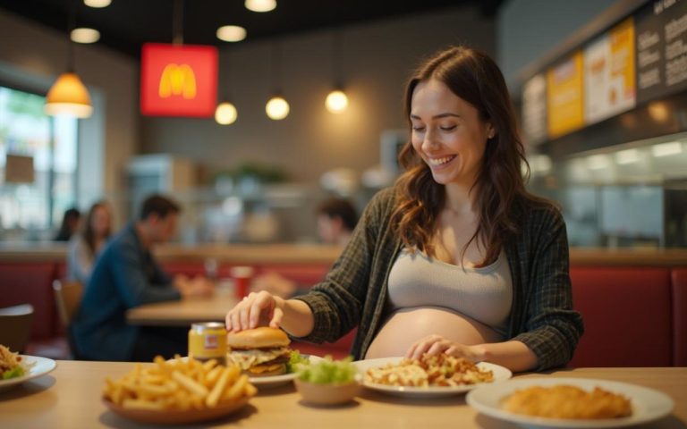 Femme enceinte choisissant des aliments sains chez McDonald's.