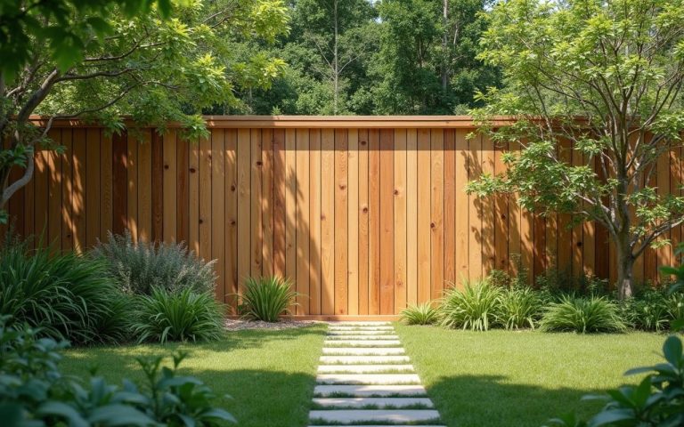 Jardin paisible avec un mur anti-bruit en bois, entouré de verdure.