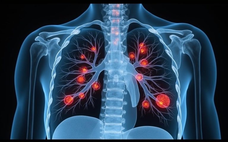 Scanner thoracique montrant des nodules pulmonaires avec annotations visuelles.