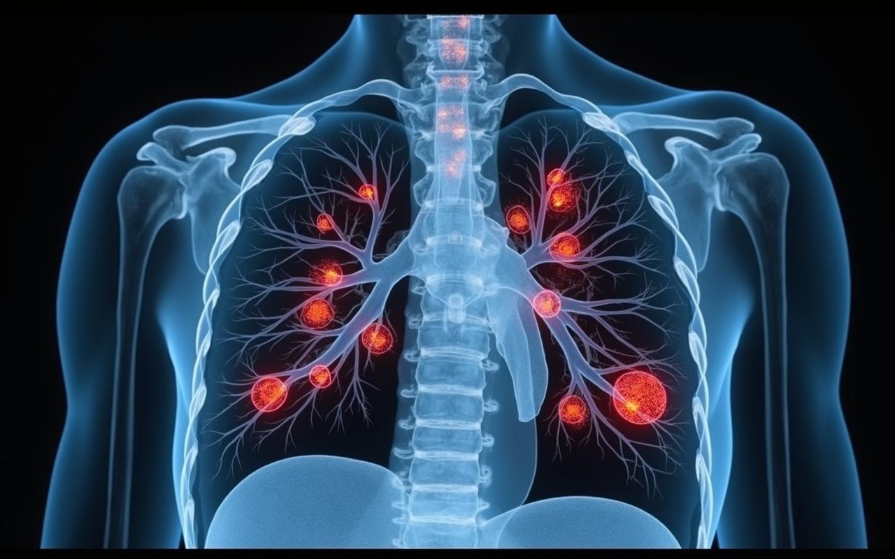 Scanner thoracique montrant des nodules pulmonaires avec annotations visuelles.