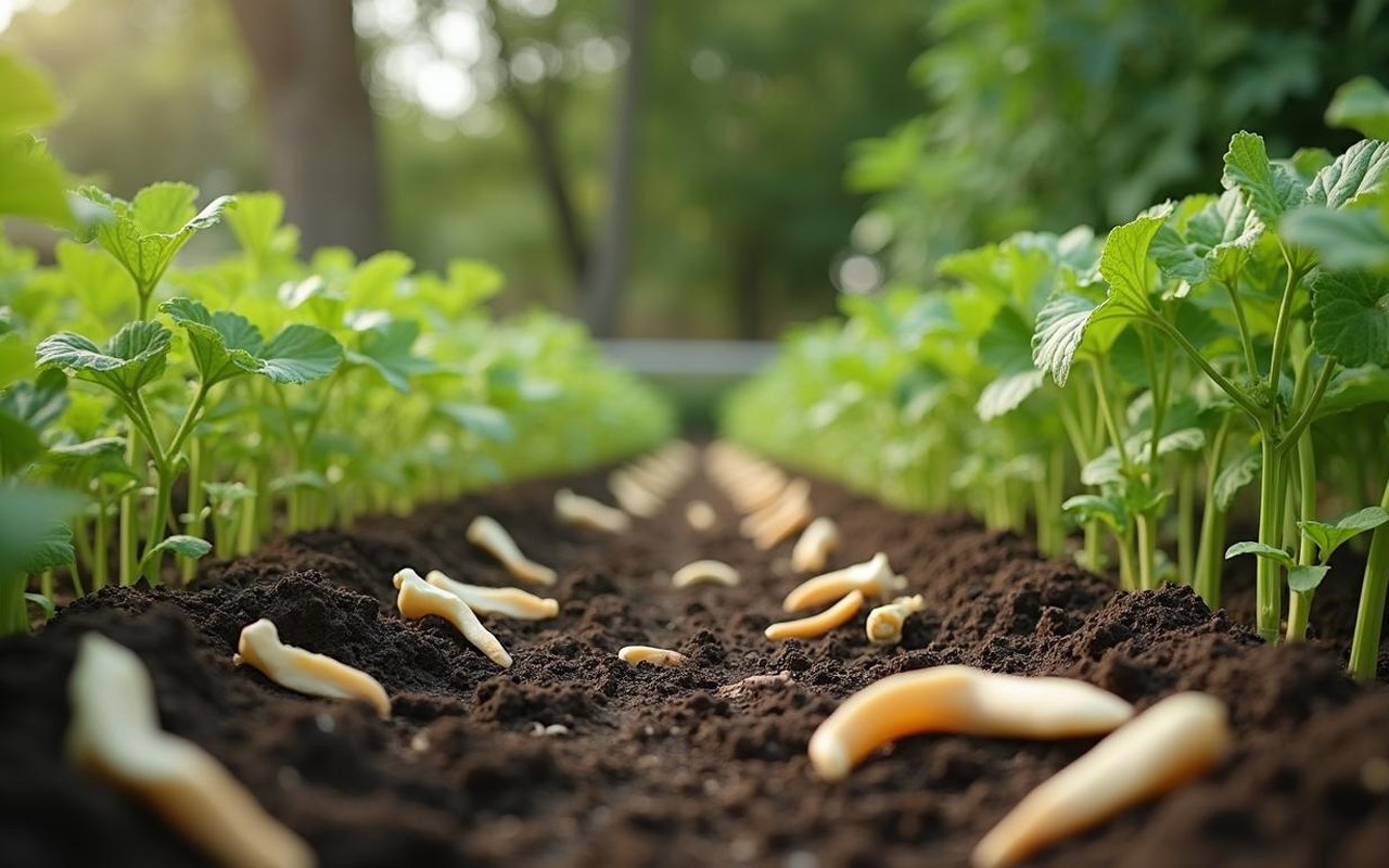 Os de seiche utilisés comme amendement dans un jardin potager avec des légumes en croissance.