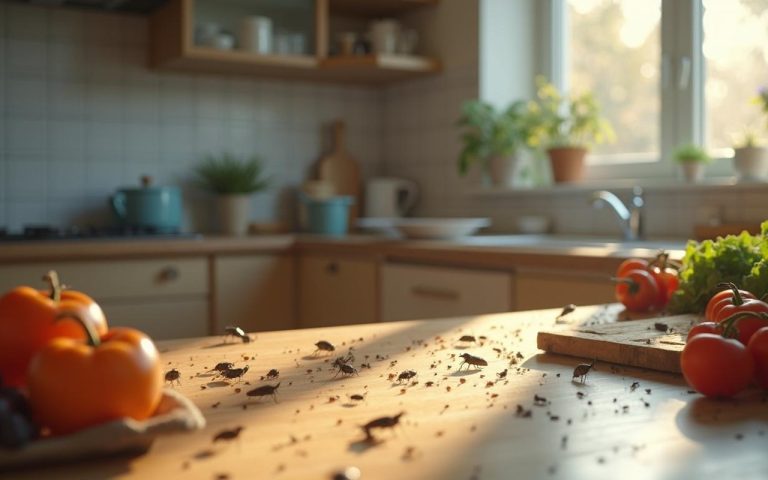 Cuisine moderne avec signes d'infestation d'insectes noirs