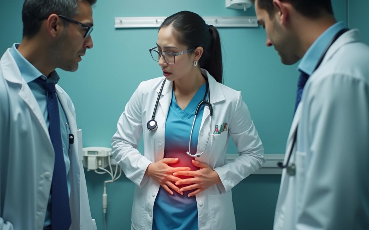 Médecin examinant un patient avec des douleurs abdominales en milieu hospitalier.