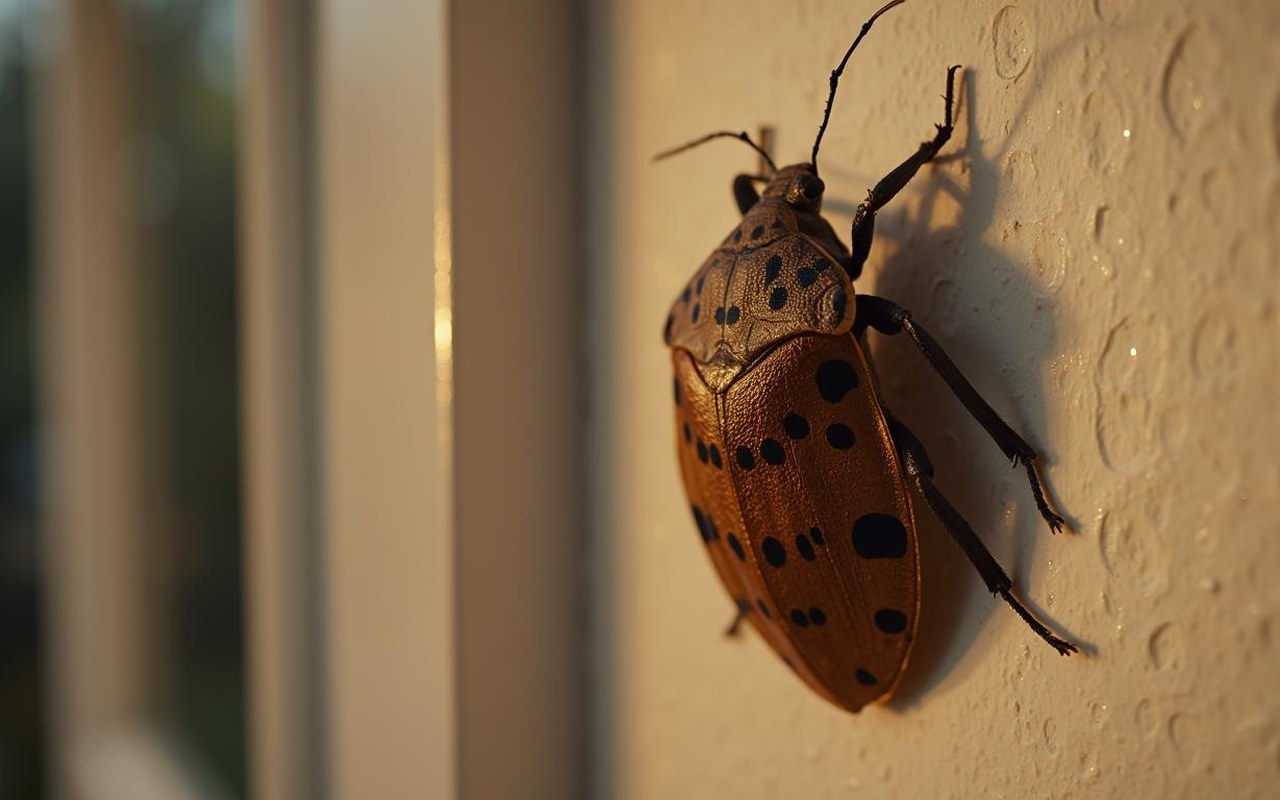 Punaise marron diabolique sur un mur intérieur, symbolisant son adaptation à l'automne.