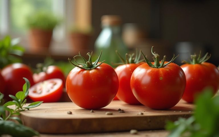 Tomates trop mûres sur une planche à découper dans une cuisine chaleureuse, prêtes à être cuisinées.