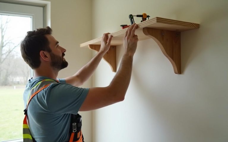 Bricoleur fixant une étagère avec des chevilles Molly sur un mur en BA13.