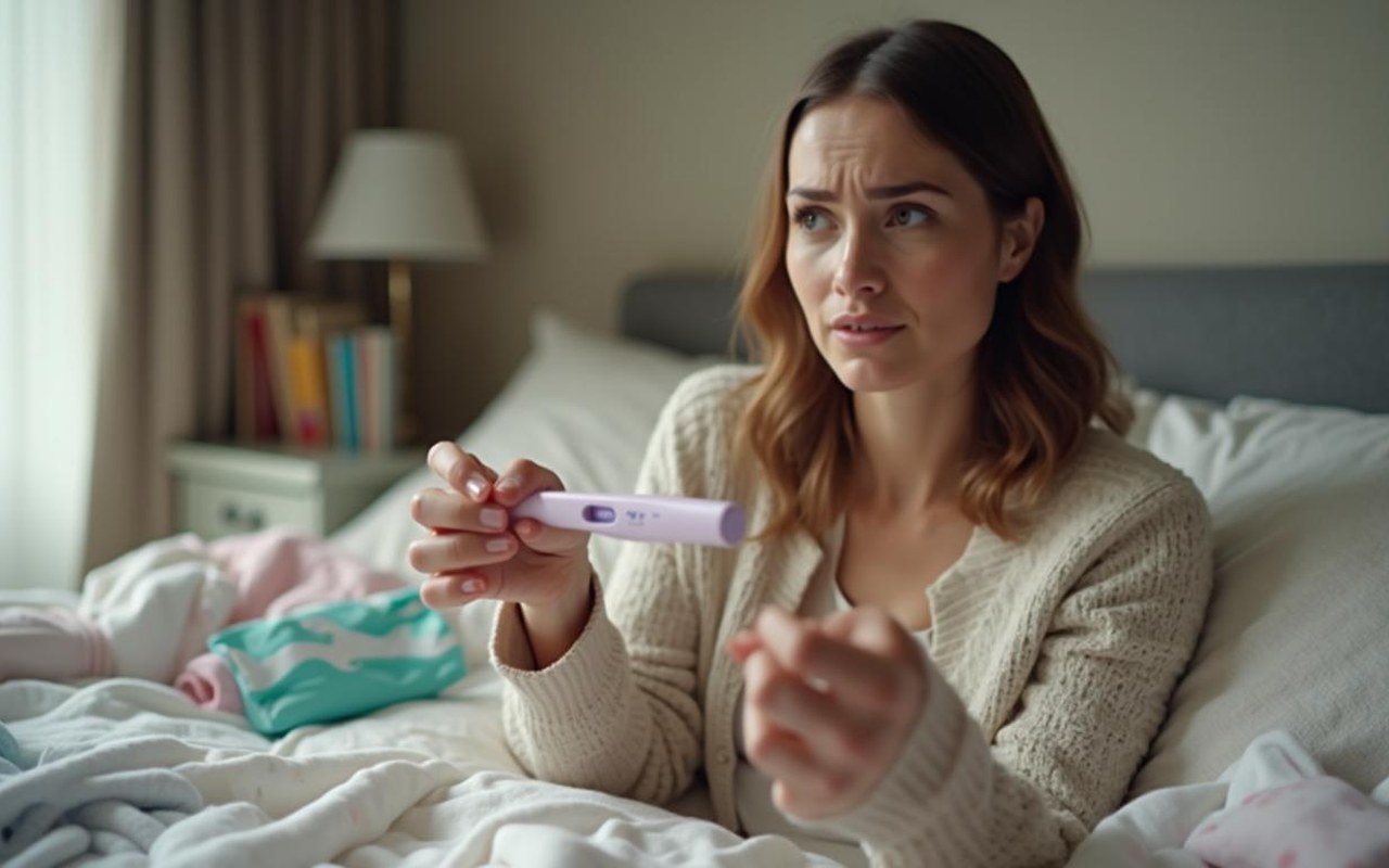 Femme regardant un test de grossesse avec incertitude, entourée d'objets de maternité.