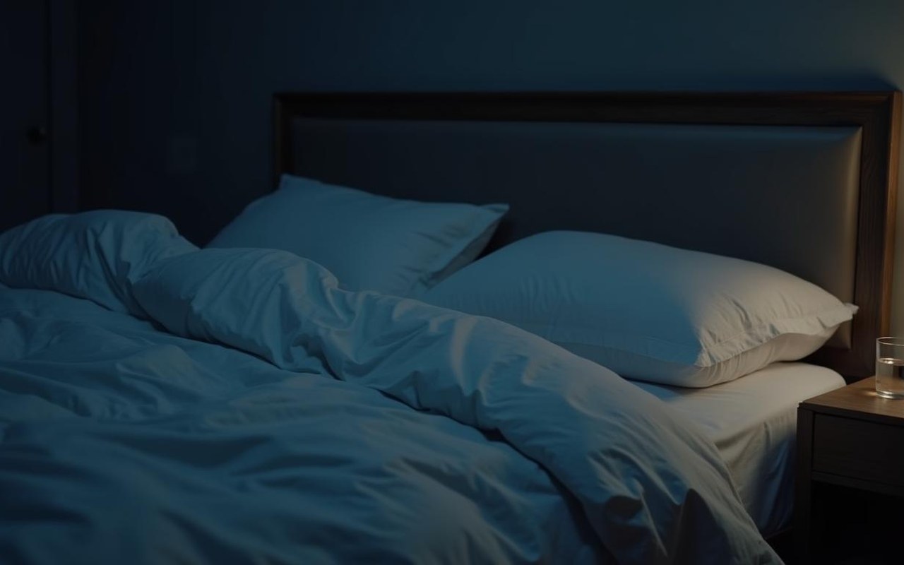 Chambre sombre avec draps humides, illustrant les sueurs nocturnes