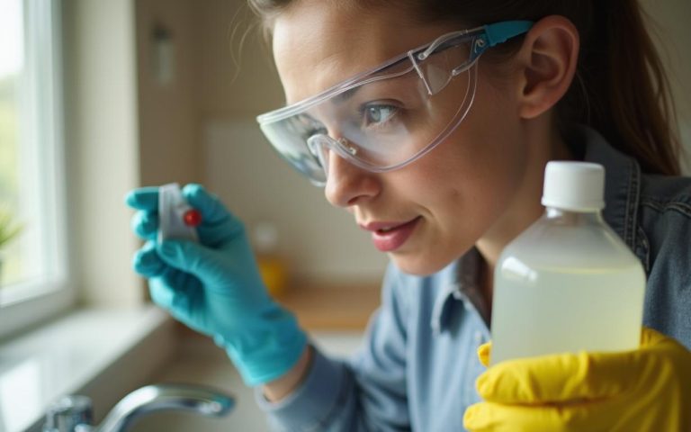Personne nettoyant avec du vinaigre en portant des lunettes de protection pour éviter les accidents oculaires.