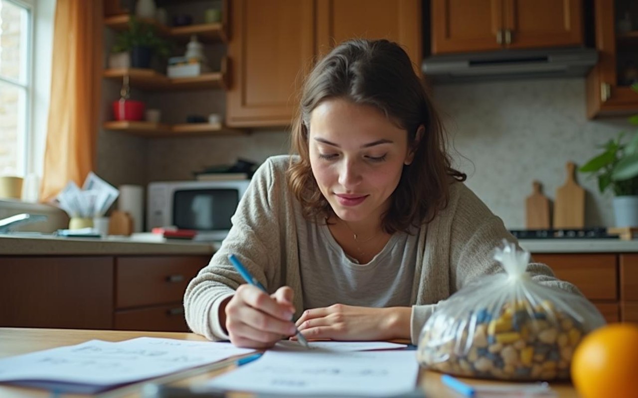 Un jeune adulte gérant son budget dans un petit appartement avec des factures et des courses.