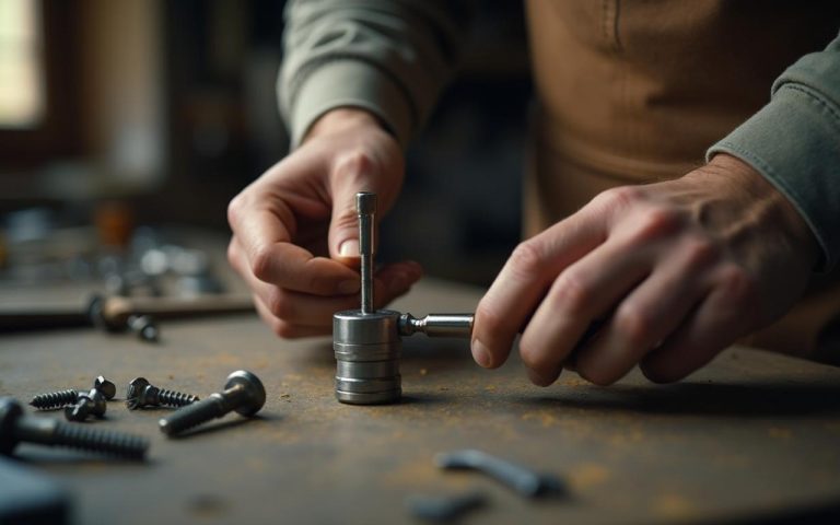 Un bricoleur aimantant un tournevis avec un aimant permanent dans un atelier.