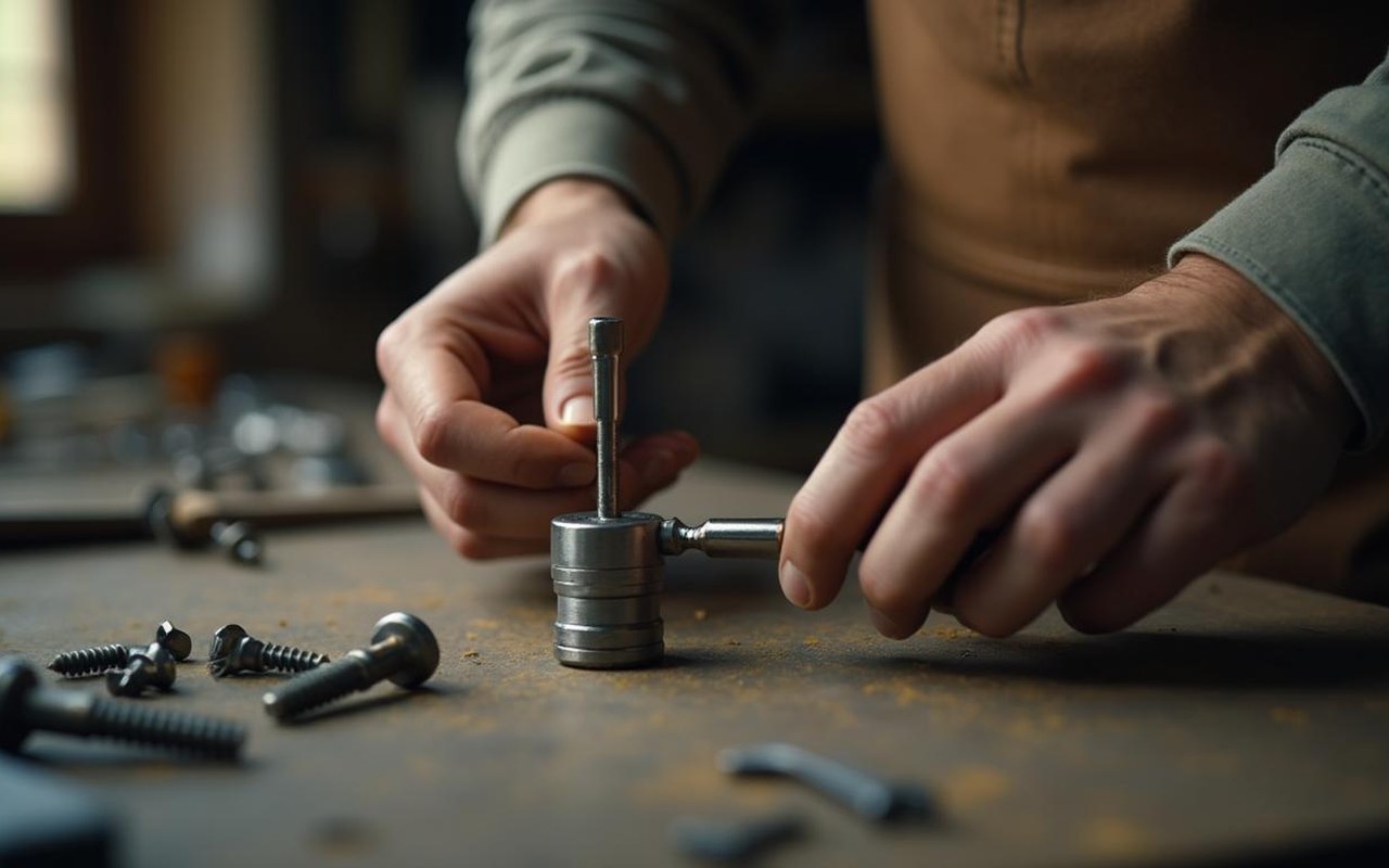 Un bricoleur aimantant un tournevis avec un aimant permanent dans un atelier.