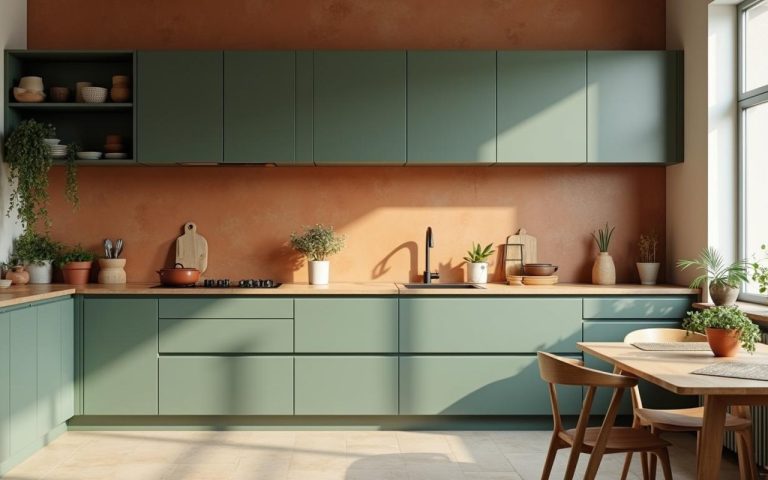 Cuisine moderne avec meubles vert sauge et crédence terracotta, ambiance chaleureuse et naturelle.