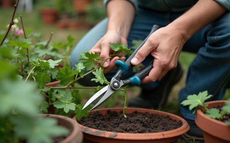 Un jardinier bouturant du lierre avec des outils et des pots de terreau.