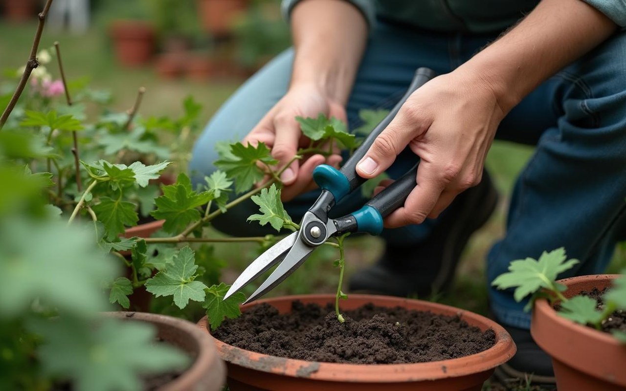Un jardinier bouturant du lierre avec des outils et des pots de terreau.