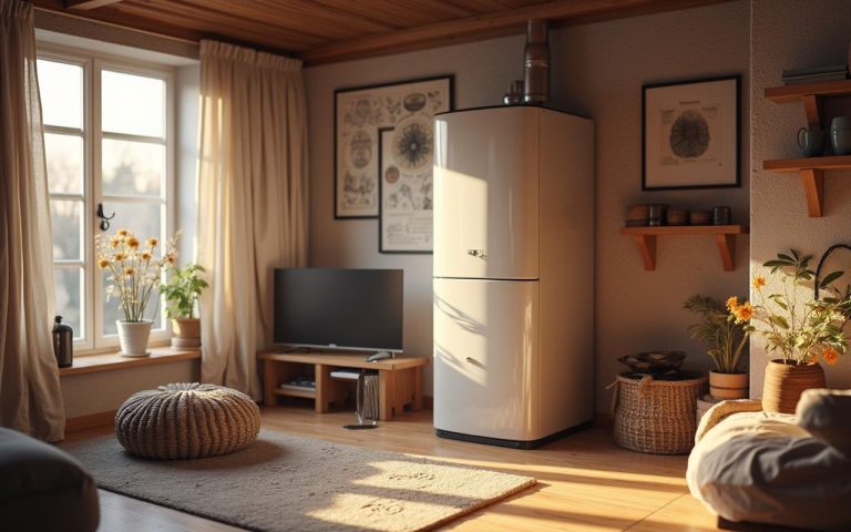 Intérieur d'une maison avec chaudière fioul et isolation thermique efficace.