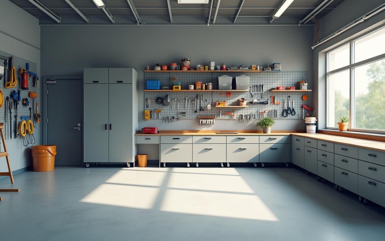Garage lumineux avec murs gris clair et espace de travail organisé.