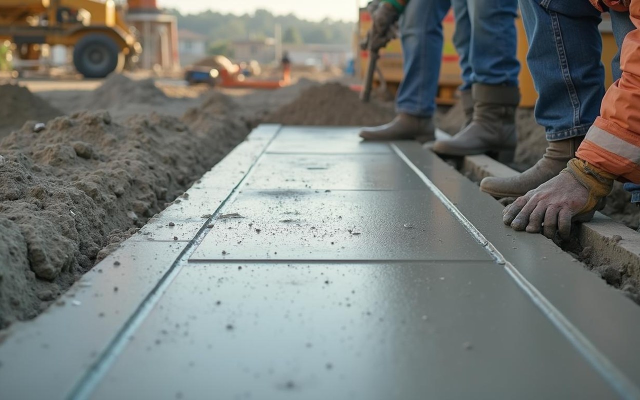 Coulage d'une dalle en béton fibré sur un chantier de construction.
