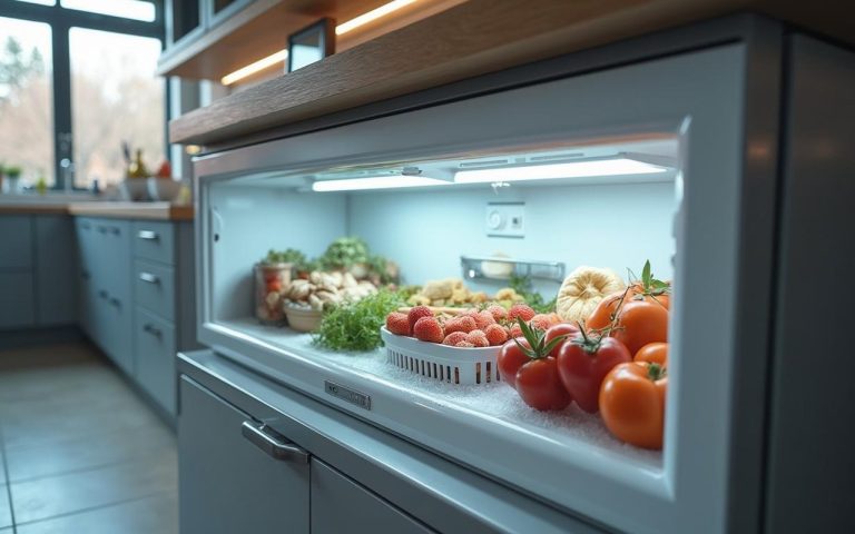 Congélateur coffre rempli d'aliments congelés dans une cuisine moderne.