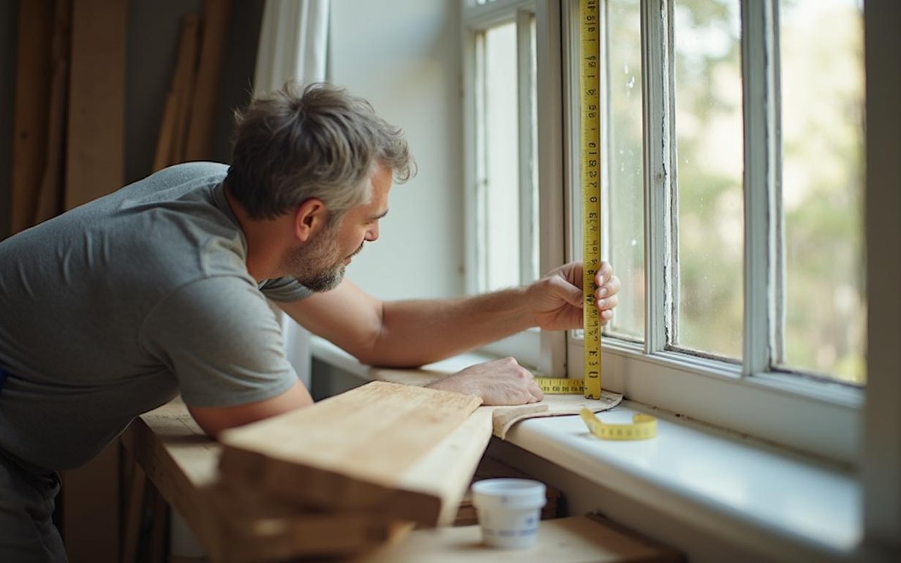 Artisan mesurant une fenêtre cintrée pour fabriquer une moustiquaire sur mesure.
