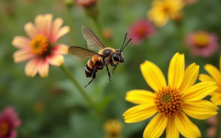 Frelon noir en vol dans un jardin fleuri, illustrant son habitat naturel.