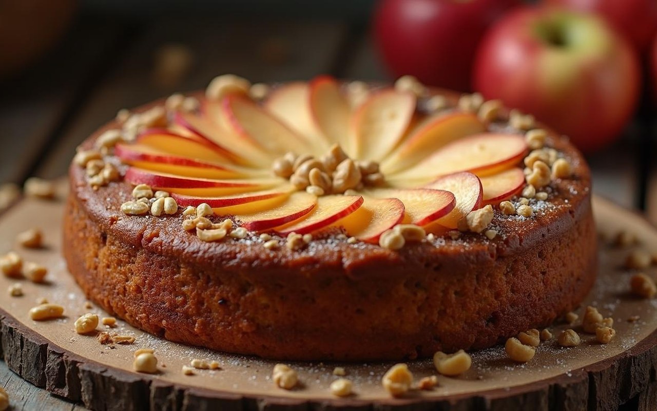 Gâteau moelleux aux pommes, adapté pour les diabétiques, sur une table en bois.