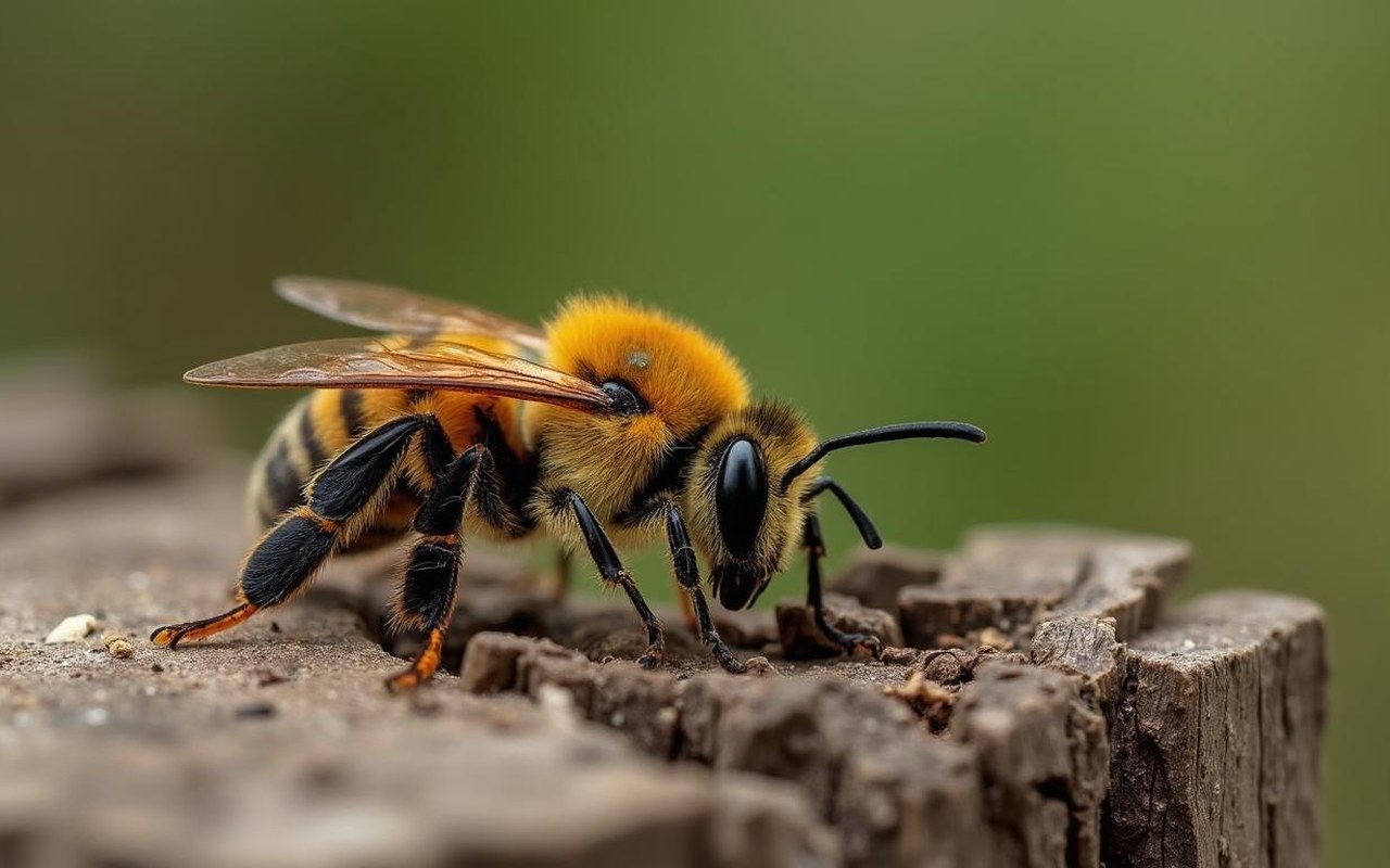 Guêpe charpentière sur bois, illustrant son habitat et les dégâts qu'elle peut causer.