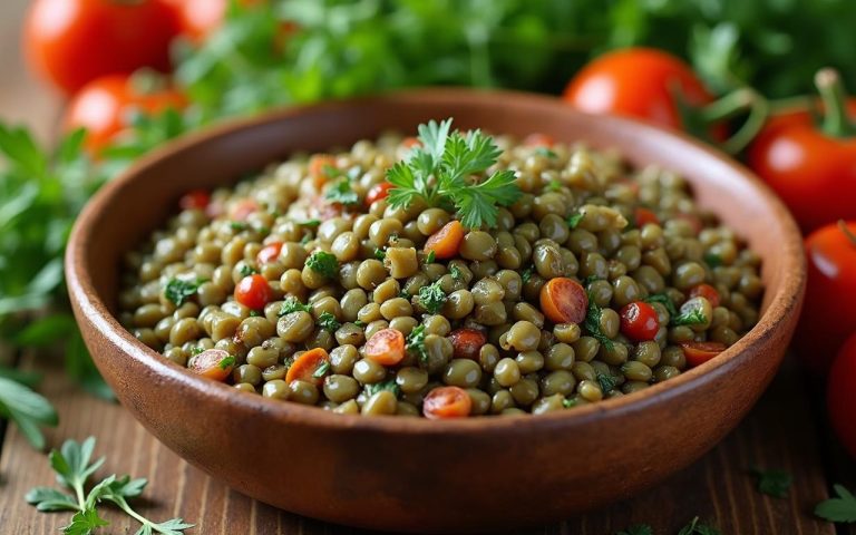 Un bol de lentilles variées entouré de légumes frais, illustrant leur richesse nutritionnelle.