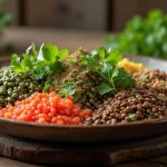 Assiette de lentilles variées sur une table en bois rustique.