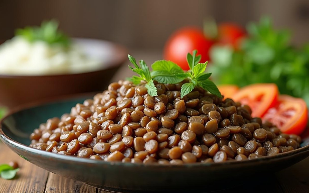 Un plat de lentilles cuites avec des légumes frais, illustrant leurs bienfaits nutritionnels.