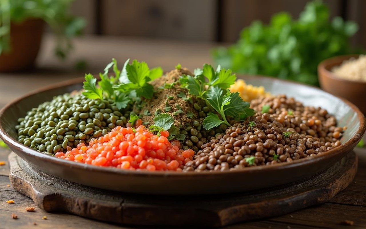 Assiette de lentilles variées sur une table en bois rustique.