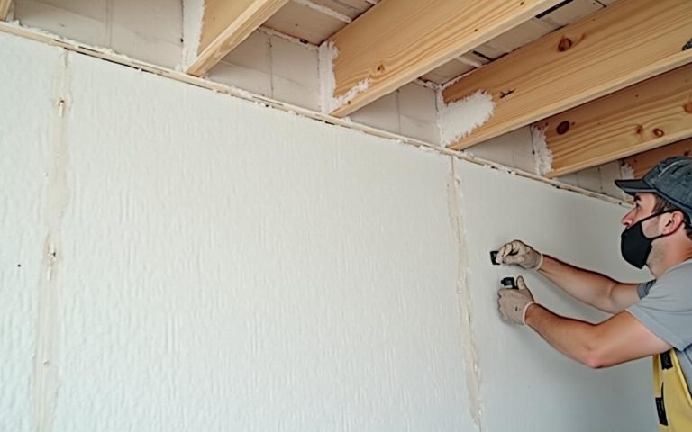 Chantier de rénovation avec des isolants thermiques de faible épaisseur en installation.