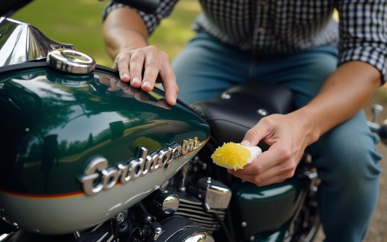 Un professionnel nettoie des chromes sur une moto avec des produits naturels.