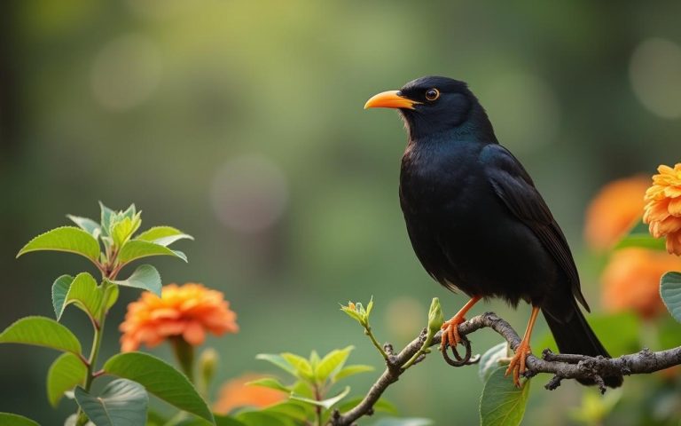 Un merle noir avec un bec orange dans un jardin verdoyant.