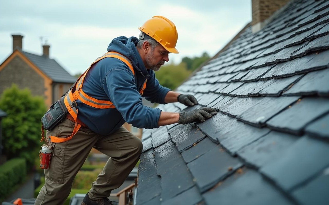 Artisan peignant un toit en ardoise avec équipement de sécurité sur une maison traditionnelle.